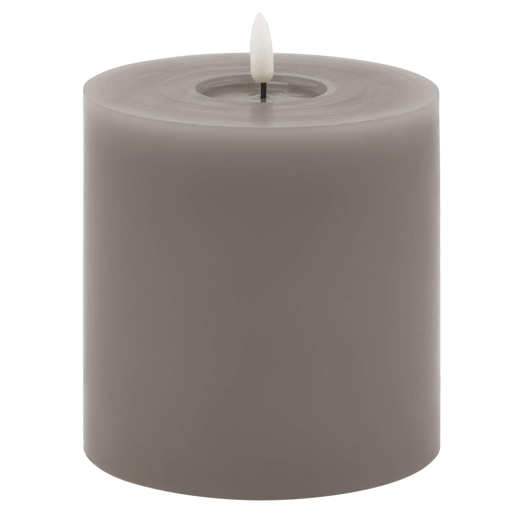 Grey melt-effect LED wax candle with realistic dripping texture and warm flameless glow for ambient lighting by Sostter at brixbailey.com