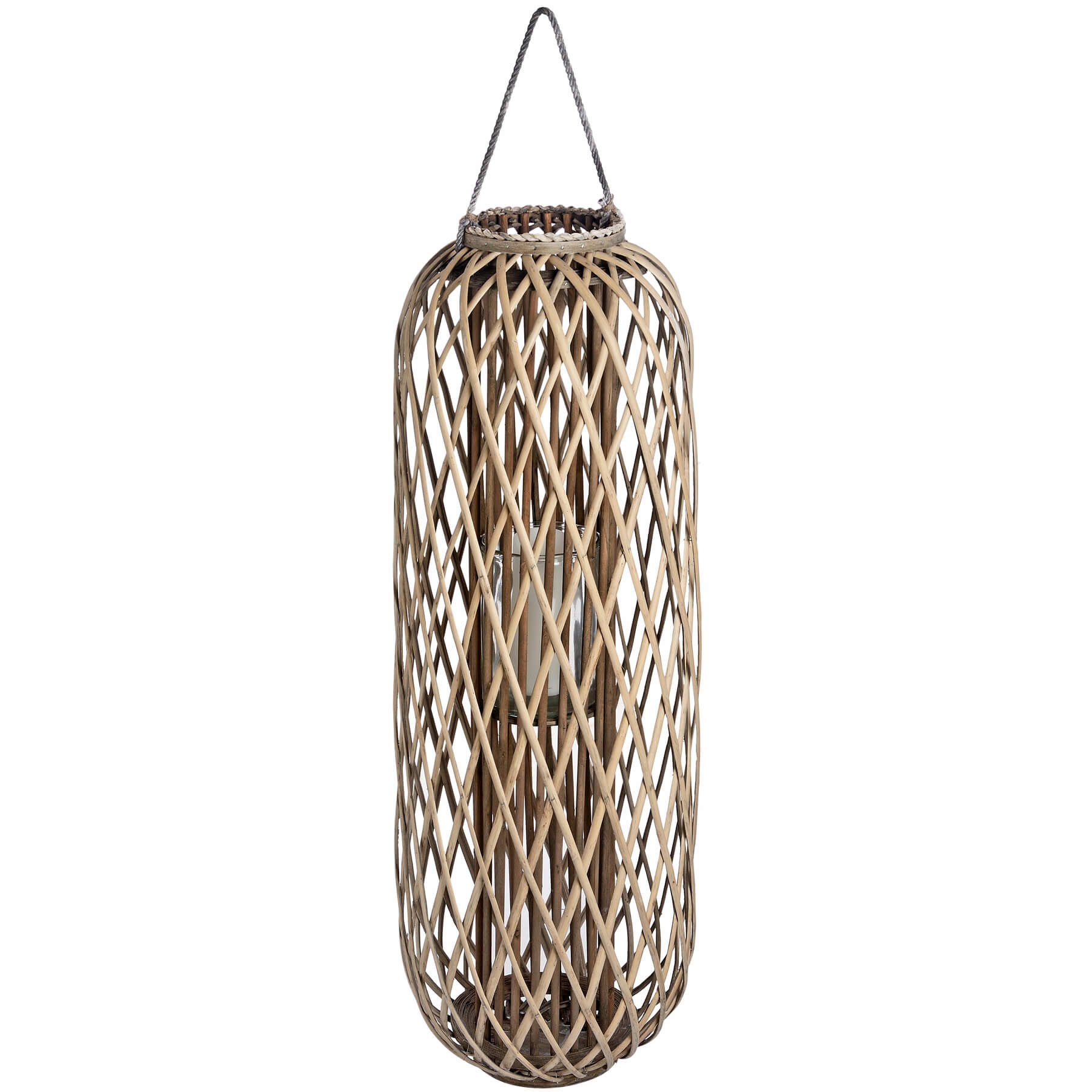 Handwoven wicker lantern with intricate rattan weave, creating warm light patterns, rustic brown home decor. by Sostter at brixbailey.com