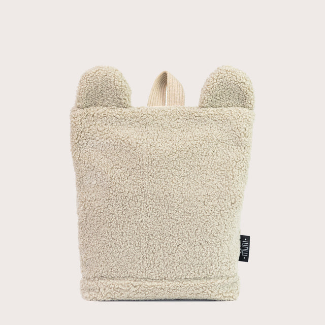 Eco-Friendly Beige Teddy Backpack for Kids – Sustainable & Fun by Muni at www.brixbailey.com
