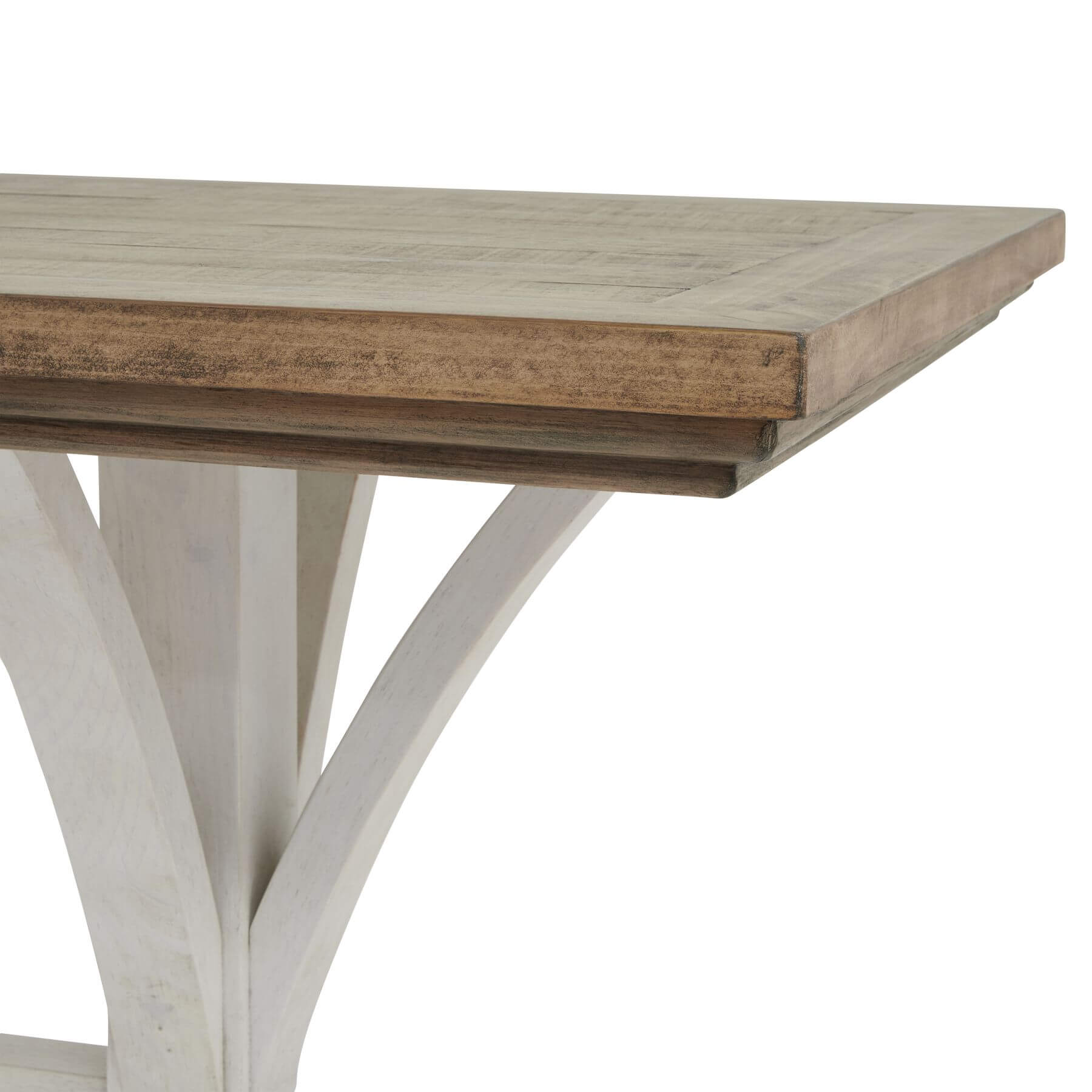 Handcrafted pine bar table with white base, rustic-modern style, showcasing natural wood grain for dining or entertaining. by RoomLondon at brixbailey.com