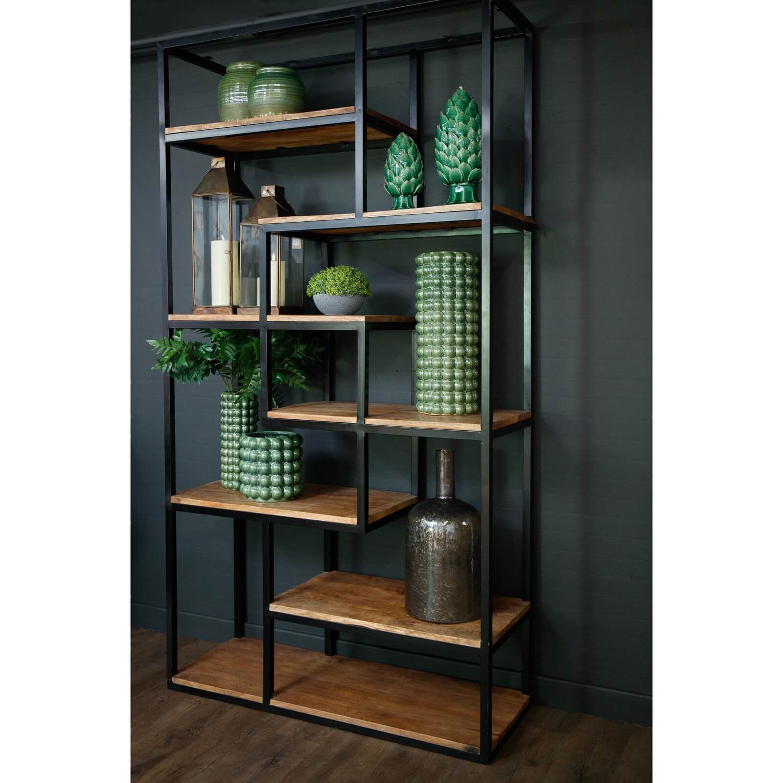 Industrial metal shelf unit with six distressed brown shelves, open framework, and heavy-duty storage capacity. by sostter at brixbailey.com