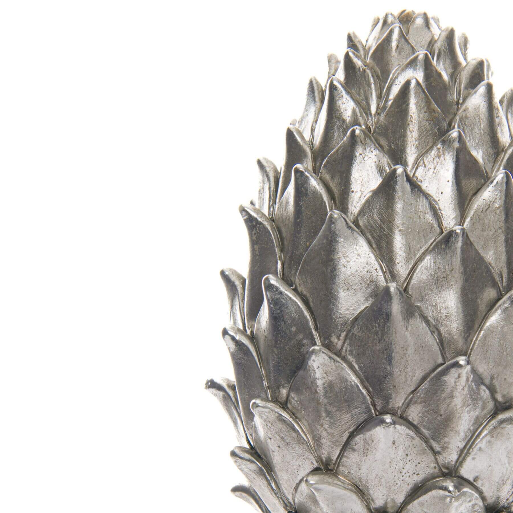 Silver ceramic pinecone finial decor with metallic finish, 40cm tall, botanical detailing for modern or classic interiors by sostter at brixbailey.com