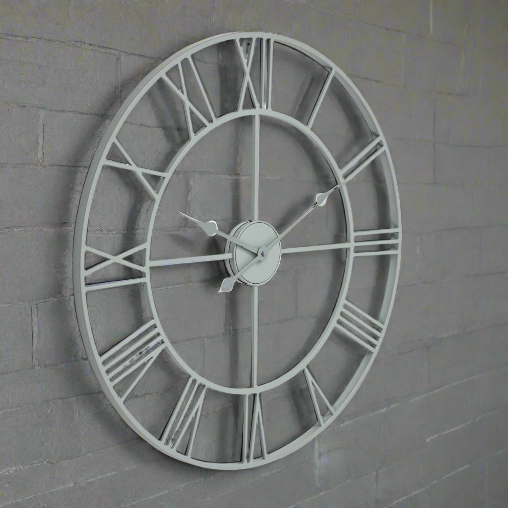 Large grey metal skeleton wall clock with Roman numerals, modern industrial design, 80cm diameter by sostter at brixbailey.com