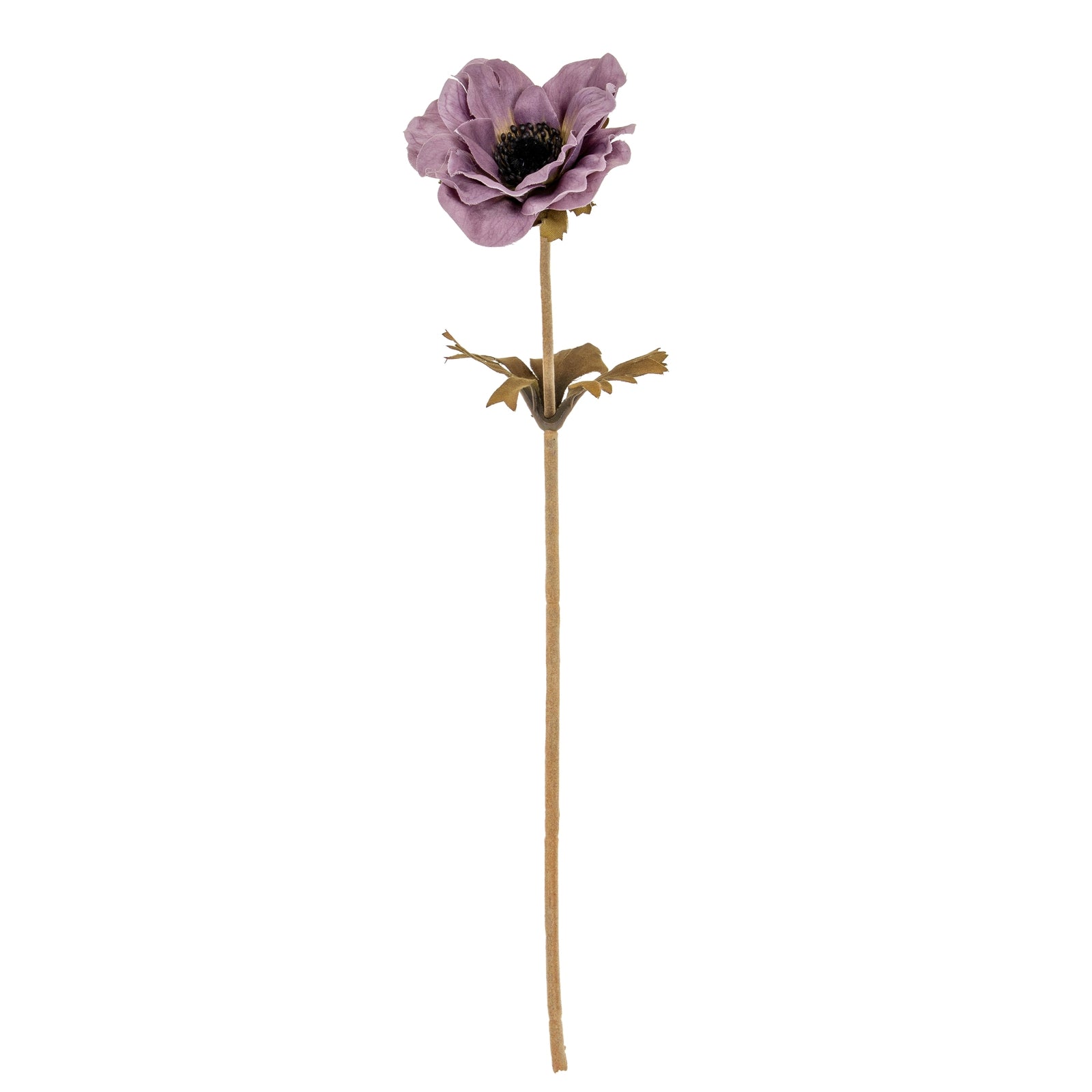 a bold purple anemone faux flower stem with dramatic lighting on a dark background