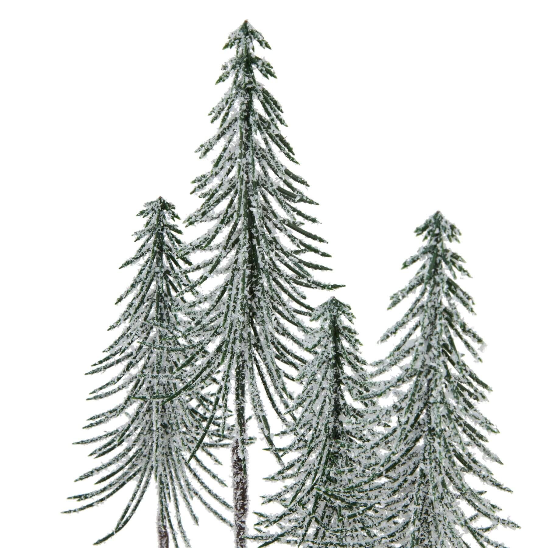 Snow-dusted spindle trees on wooden base, natural brown with white accents, winter decor set of 4 by sostter at brixbailey.com