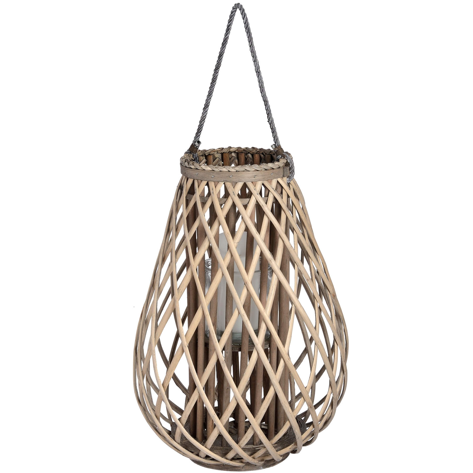 Handwoven rattan lantern with intricate wicker weave in warm brown, creating enchanting light patterns for indoor or outdoor decor. by Sostter at brixbailey.com