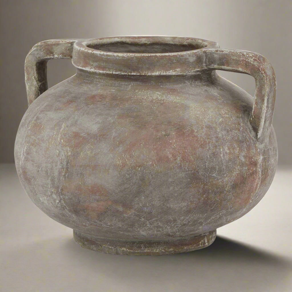 Handcrafted Siena Brown Pelike Pot, distressed ceramic vase with double handles in rich terracotta tones by Sostter