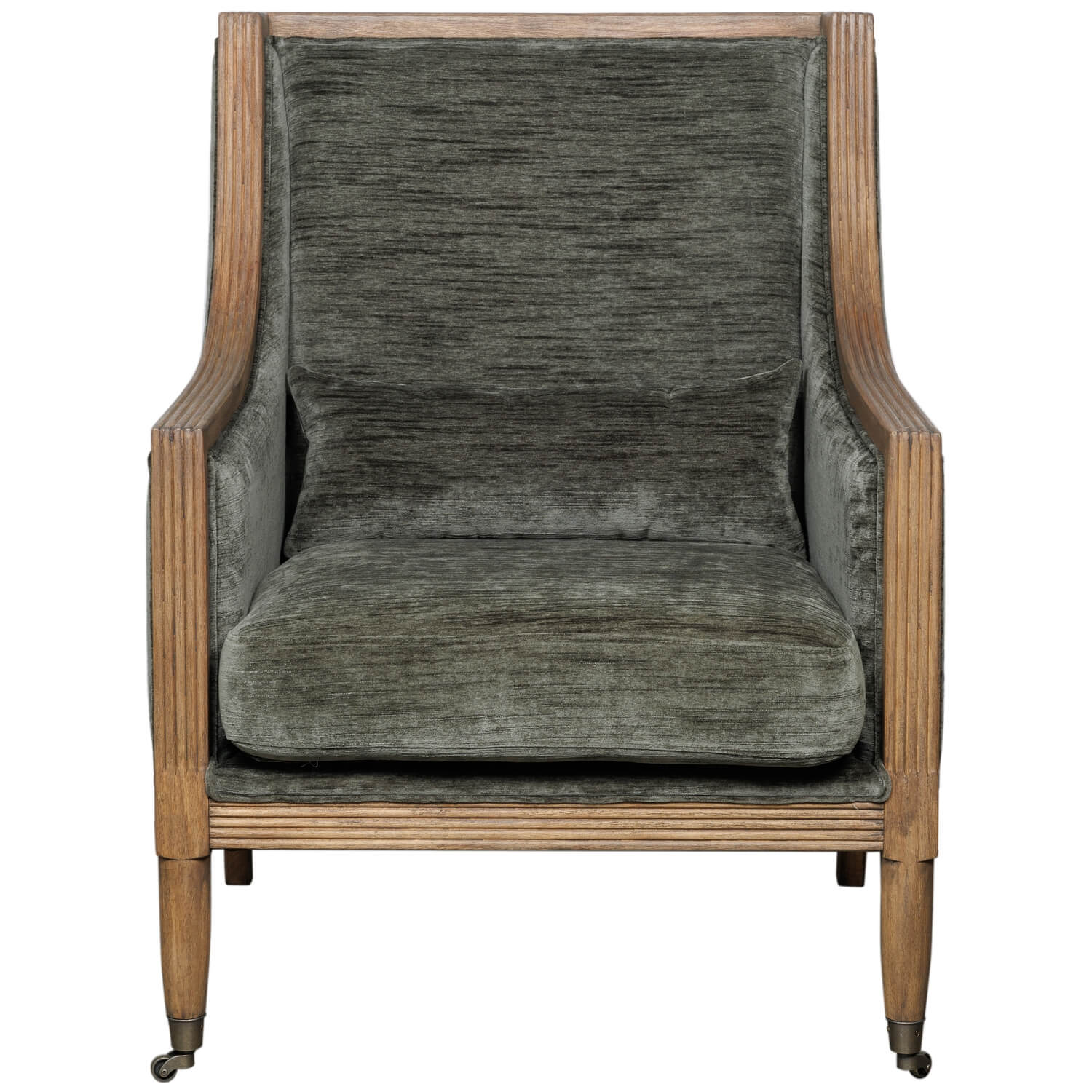 Albury olive velvet armchair with wooden frame, ergonomic curved design for modern or traditional living rooms by Sostter at brixbailey.com