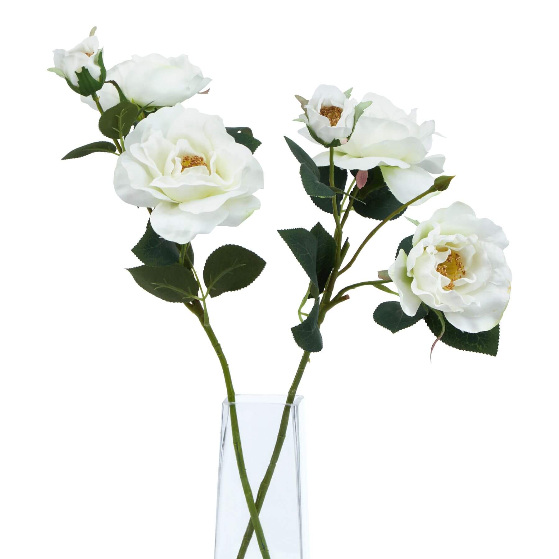 Creamy white tea rose stem with lifelike petals and green foliage, perfect for farmhouse or shabby chic decor by Sostter at brixbailey.com