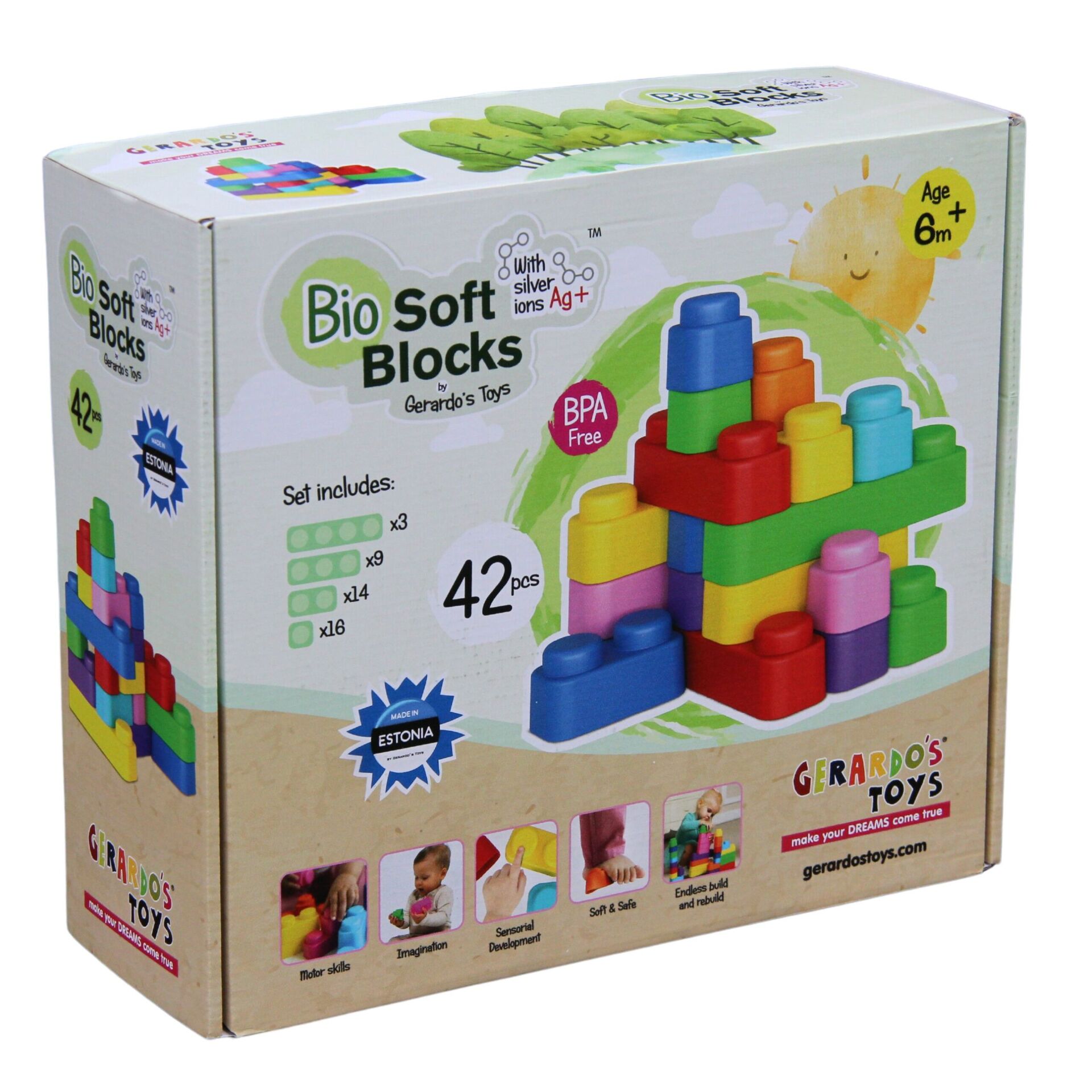 a soft and comforting arrangement of pastel bio-based baby blocks, perfect for gentle play and teething