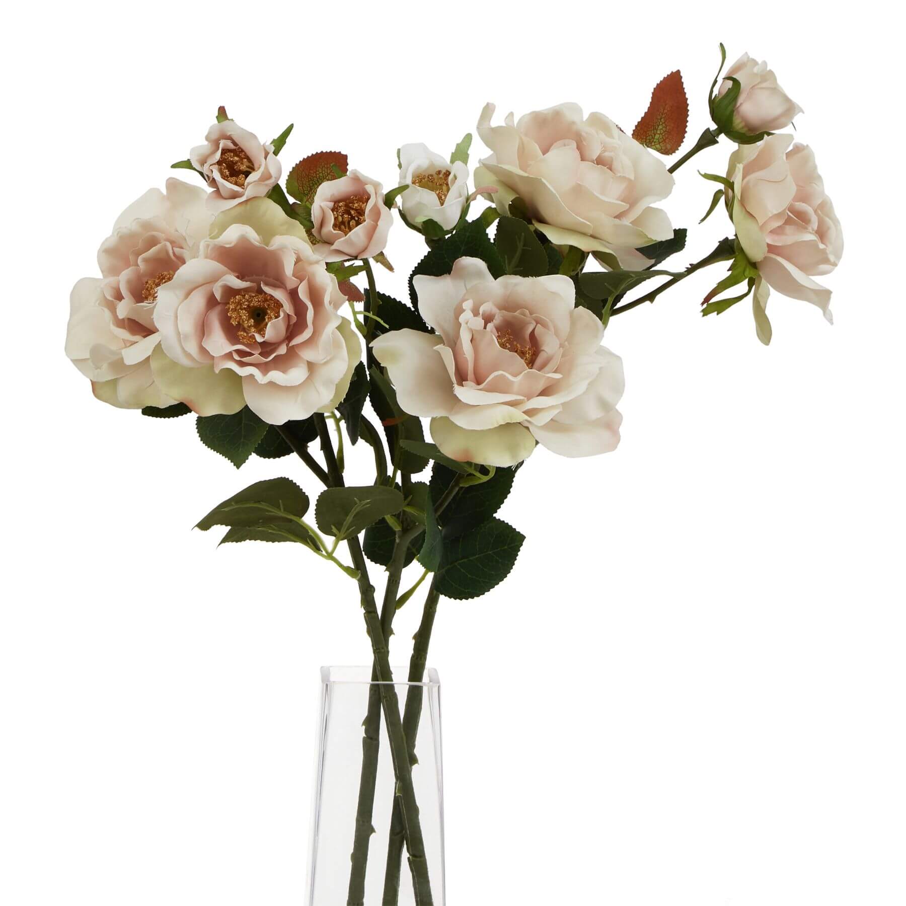 Forever Blooming faux tea rose in pale blush with realistic petals and green leaves on a sturdy brown stem by Sostter at brixbailey.com
