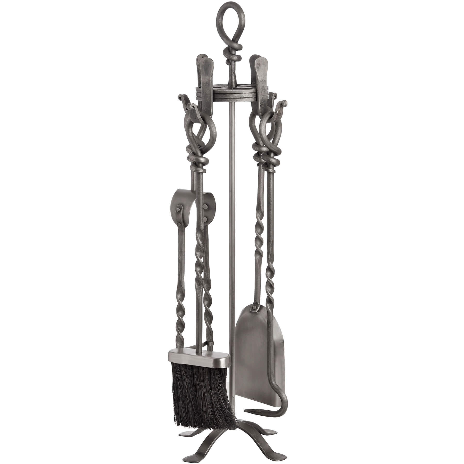 Hand-turned pewter fireplace set with poker, shovel, brush, and tongs on weighted stand, polished nickel alloy finish. by Sostter at brixbailey.com