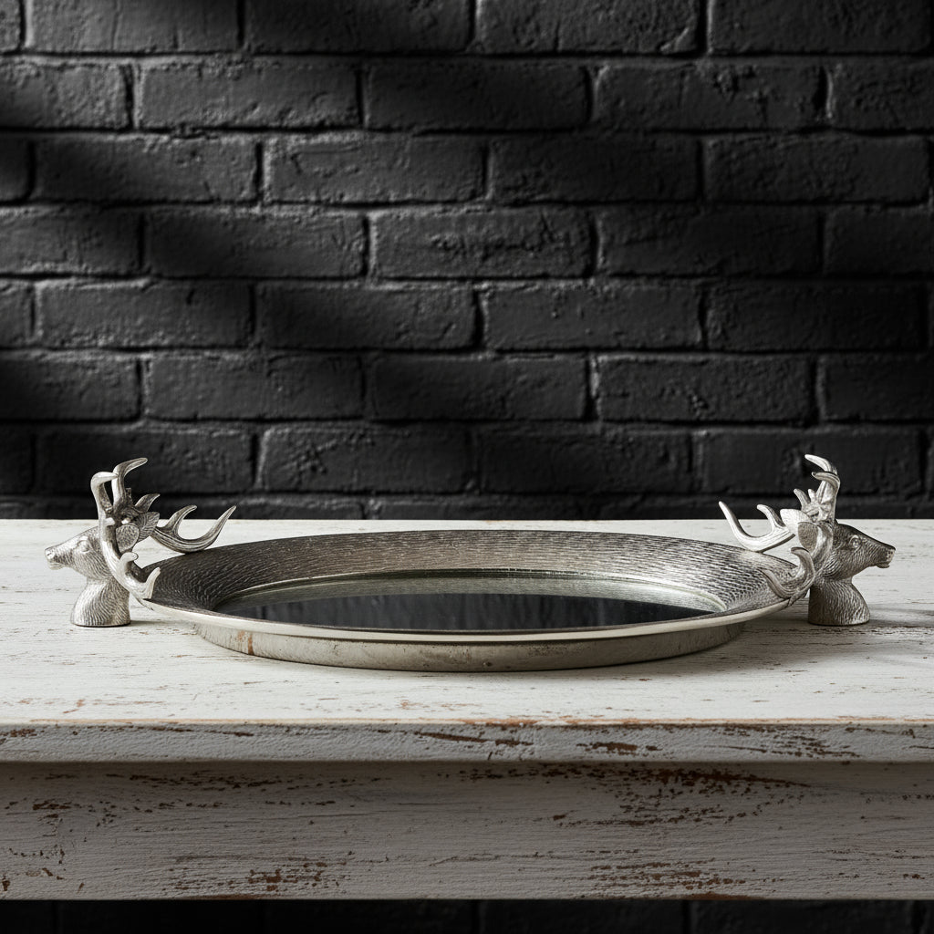 Silver stag head mirror tray with ornate handles for coffee table or vanity, elegant home decor by sostter at brixbailey.com