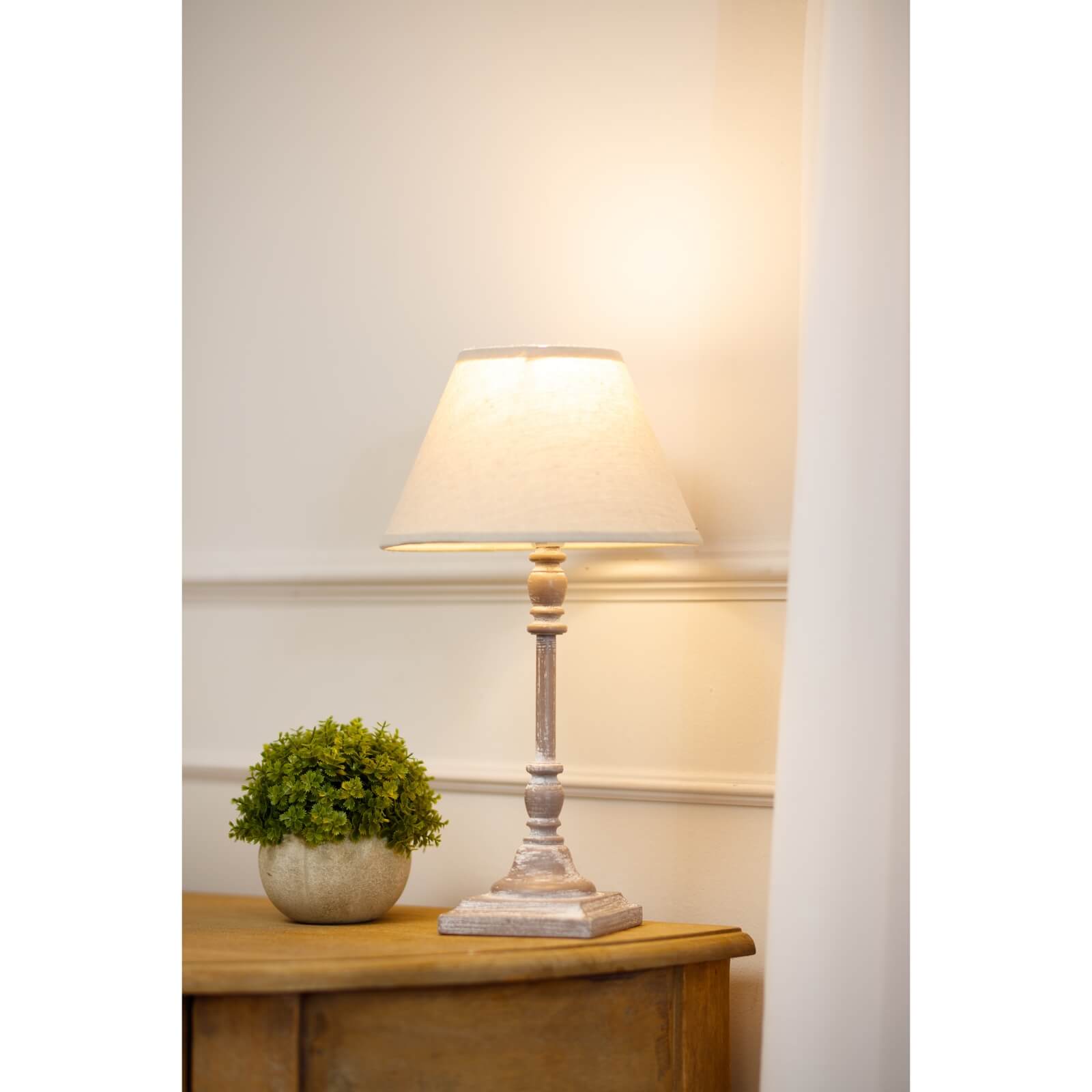 Antia Stem Table Lamp with wood base and linen shade in crisp white, minimalist Scandinavian design by Sostter at brixbailey.com