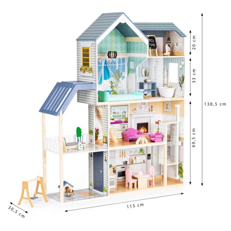 practical view of the wooden dollhouse showing its full 138.5 cm height and detailed furniture layout