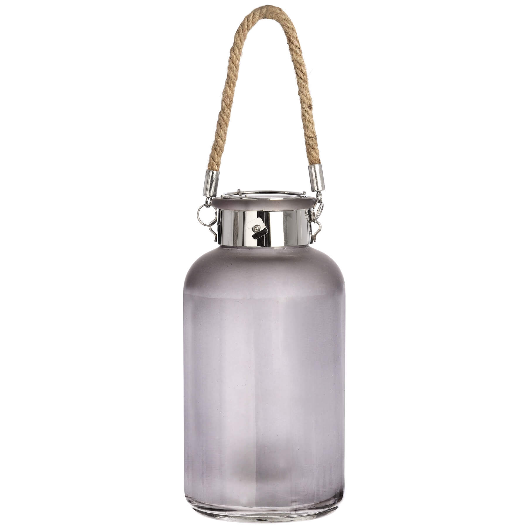 Frosted grey glass lantern with star-like LED glow, natural rope handle, modern rustic design for indoor or outdoor ambiance. by Sostter at brixbailey.com