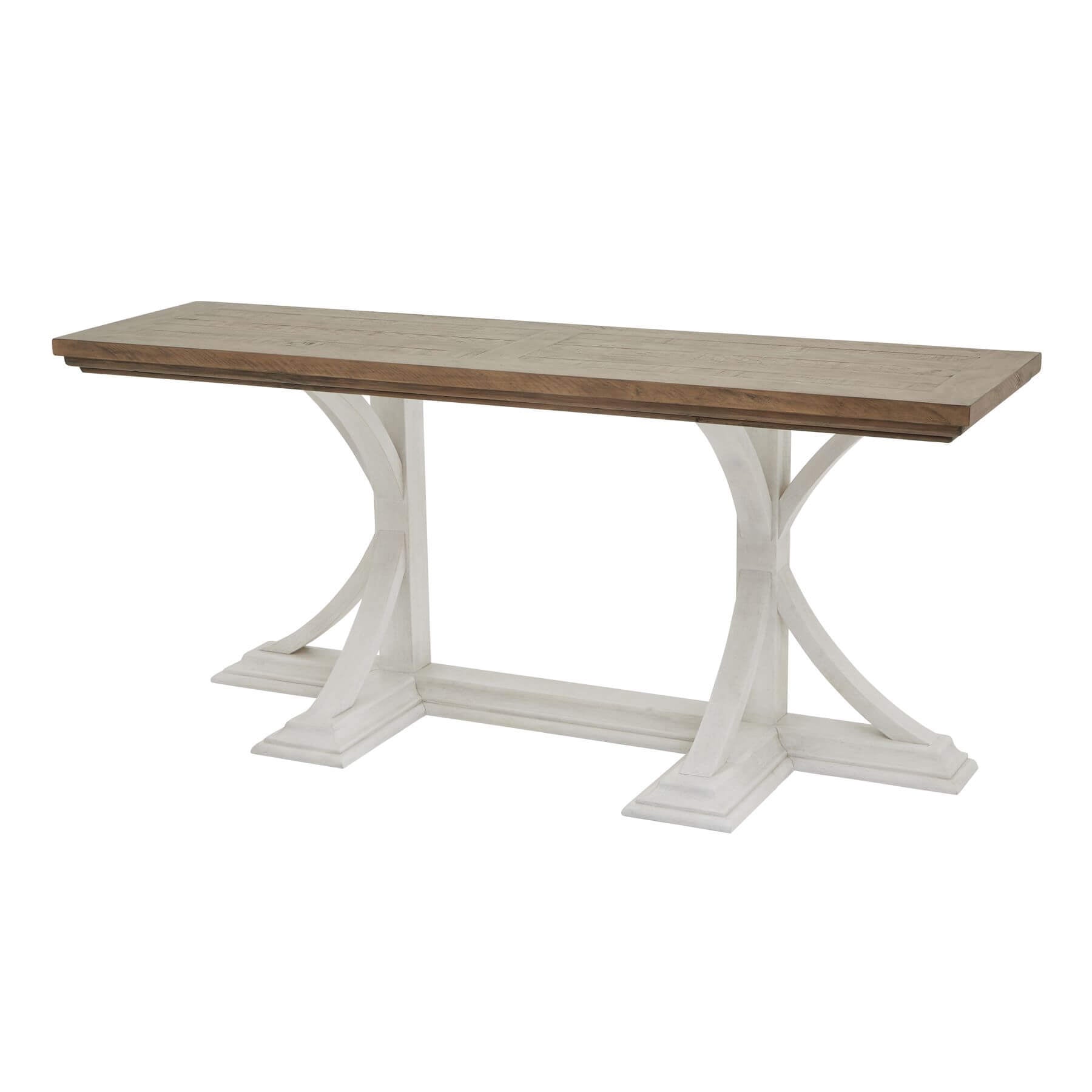 Handcrafted pine console table with mid-tone stain and white base, blending rustic wood grain with modern farmhouse style. by Sostter at brixbailey.com