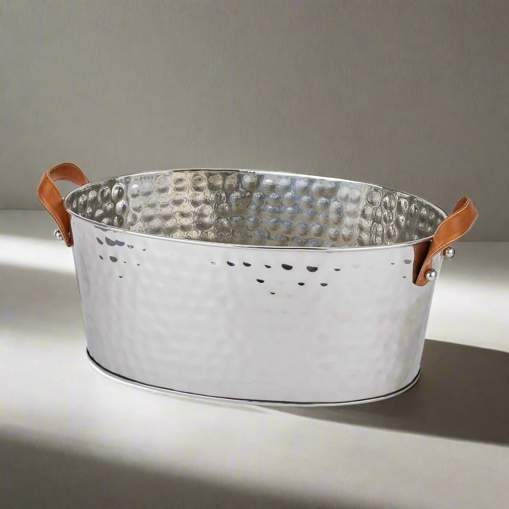 Silver champagne cooler with hand-hammered metal and leather handles, elegant ice bucket for entertaining (124 chars) by RoomLondon at brixbailey.com