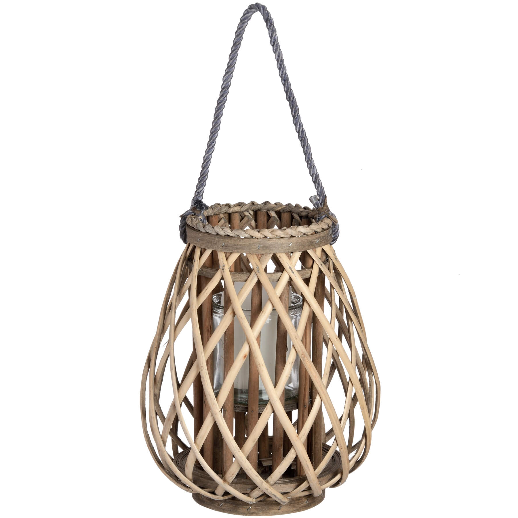 Handwoven rattan lantern with bulbous shape, natural brown wicker, casting warm light patterns for home decor. by Sostter at brixbailey.com