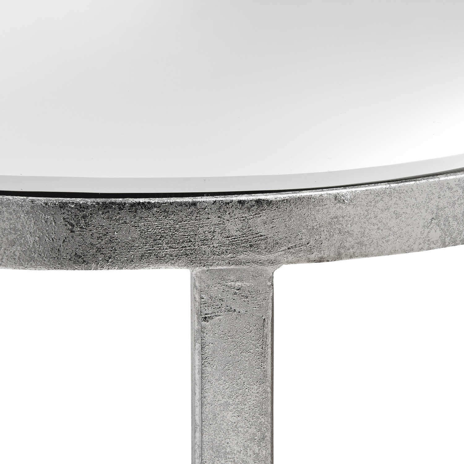 Silver mirrored console table with floating half-moon design and cross beams for modern interiors by RoomLondon at brixbailey.com