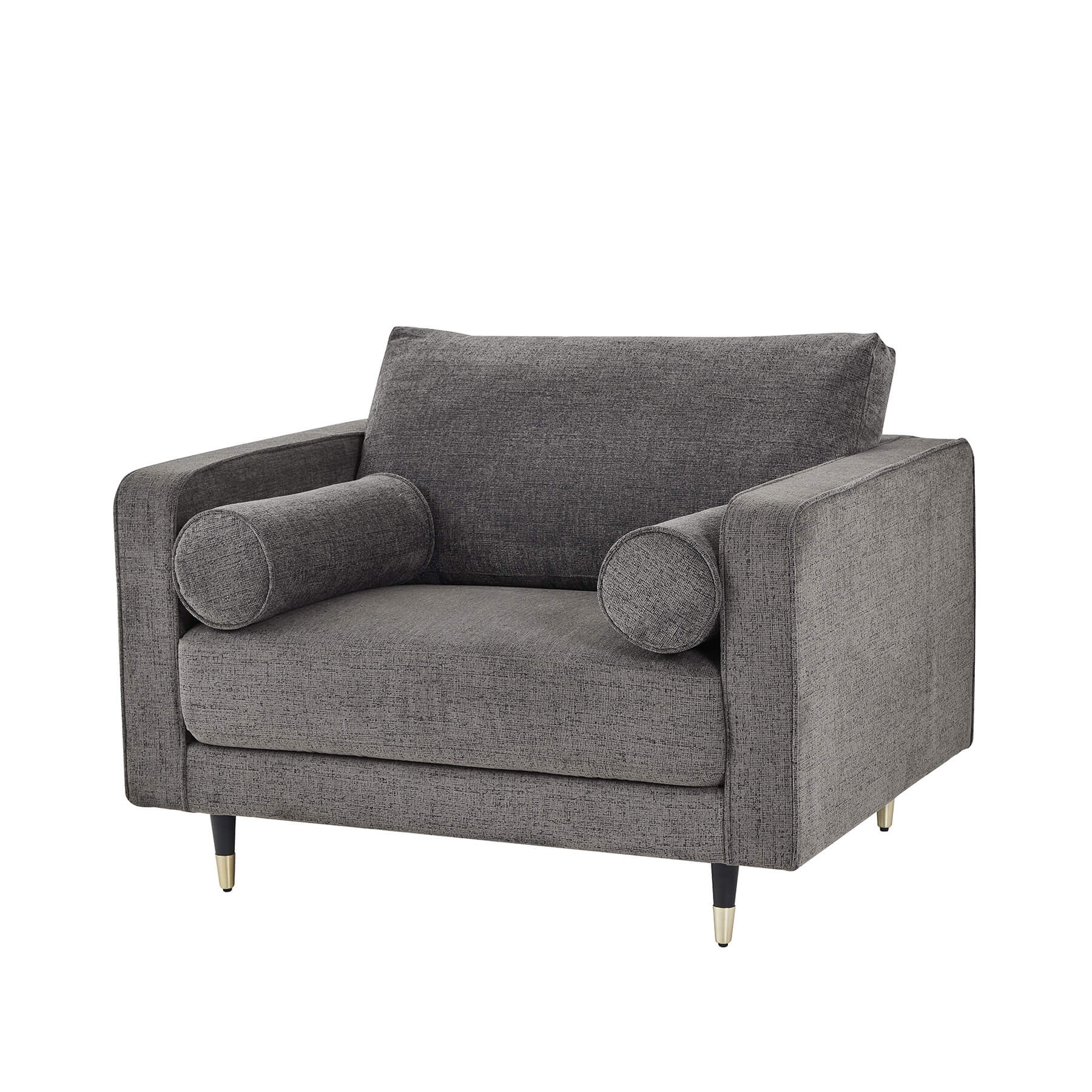 Grey fabric armchair with plush cushioning, curved arms, and neutral tone for modern or traditional interiors by sostter at brixbailey.com
