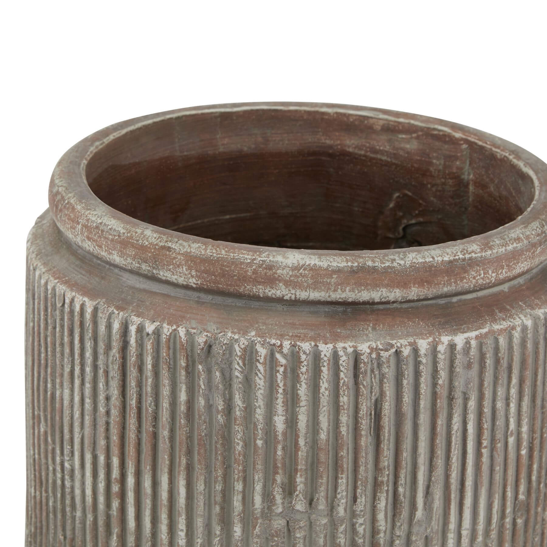 Handcrafted Siena brown ceramic pot with ribbed texture and weathered glaze, perfect for modern or farmhouse decor by RoomLondon at brixbailey.com