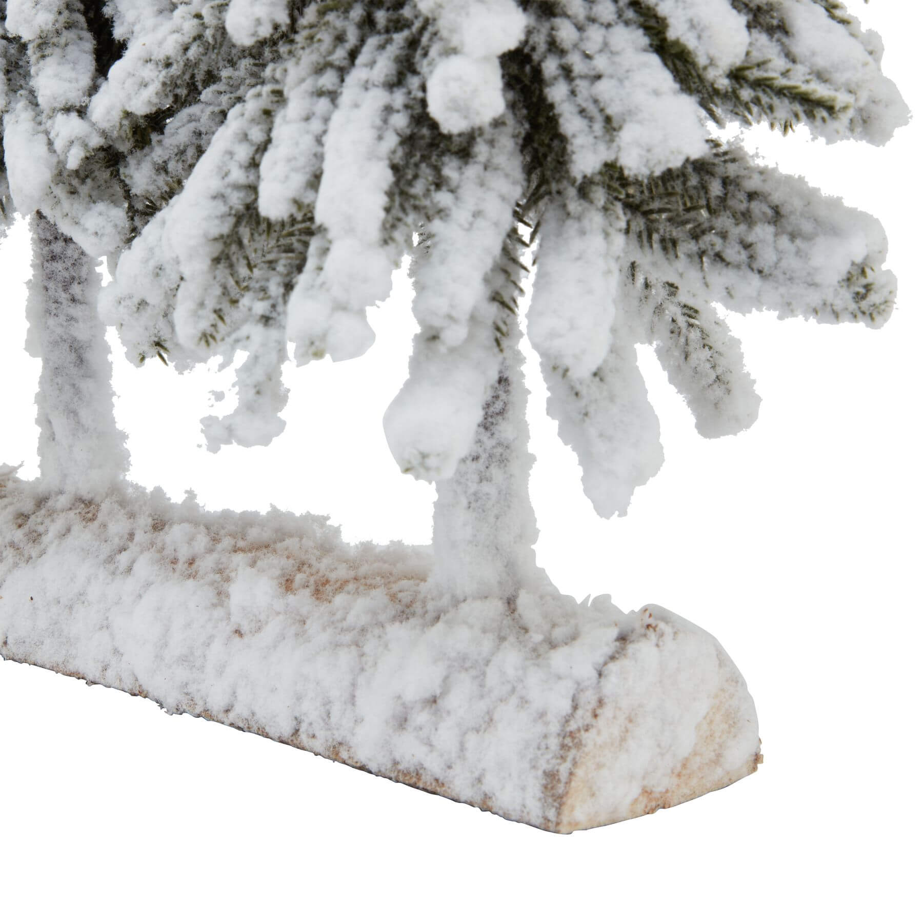 Snow-dusted fir tree duo on rustic wooden base, perfect for winter decor and holiday centerpieces. by sostter at brixbailey.com