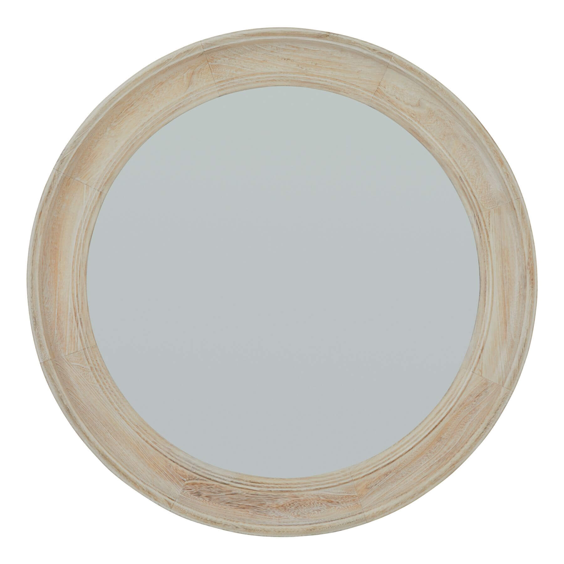 Washed wood round mirror with distressed antique white frame, 90cm diameter, rustic home decor statement piece by Sostter at brixbailey.com