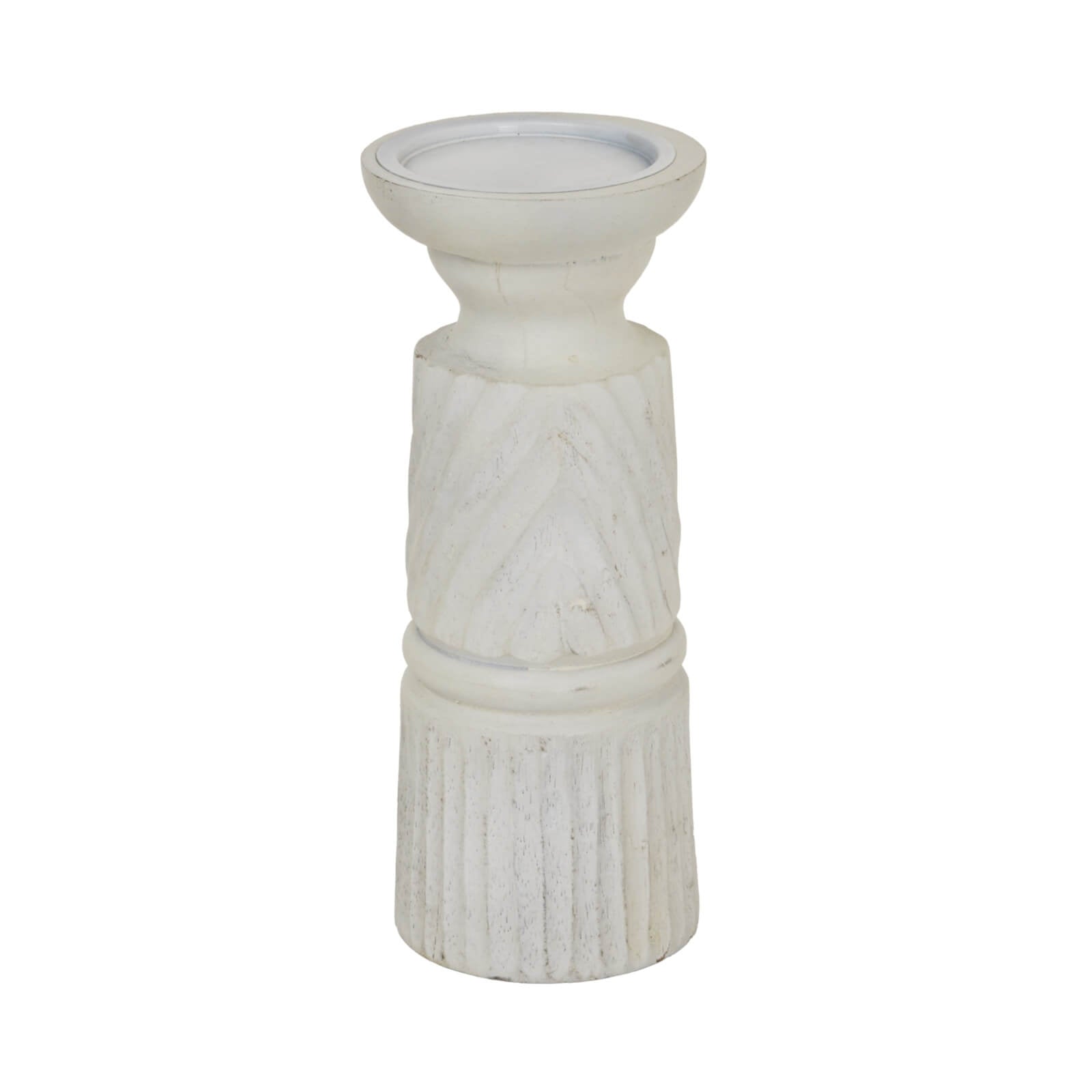 White carved wood candle holder with geometric patterns, 25cm tall, for elegant home decor centerpiece by RoomLondon at brixbailey.com