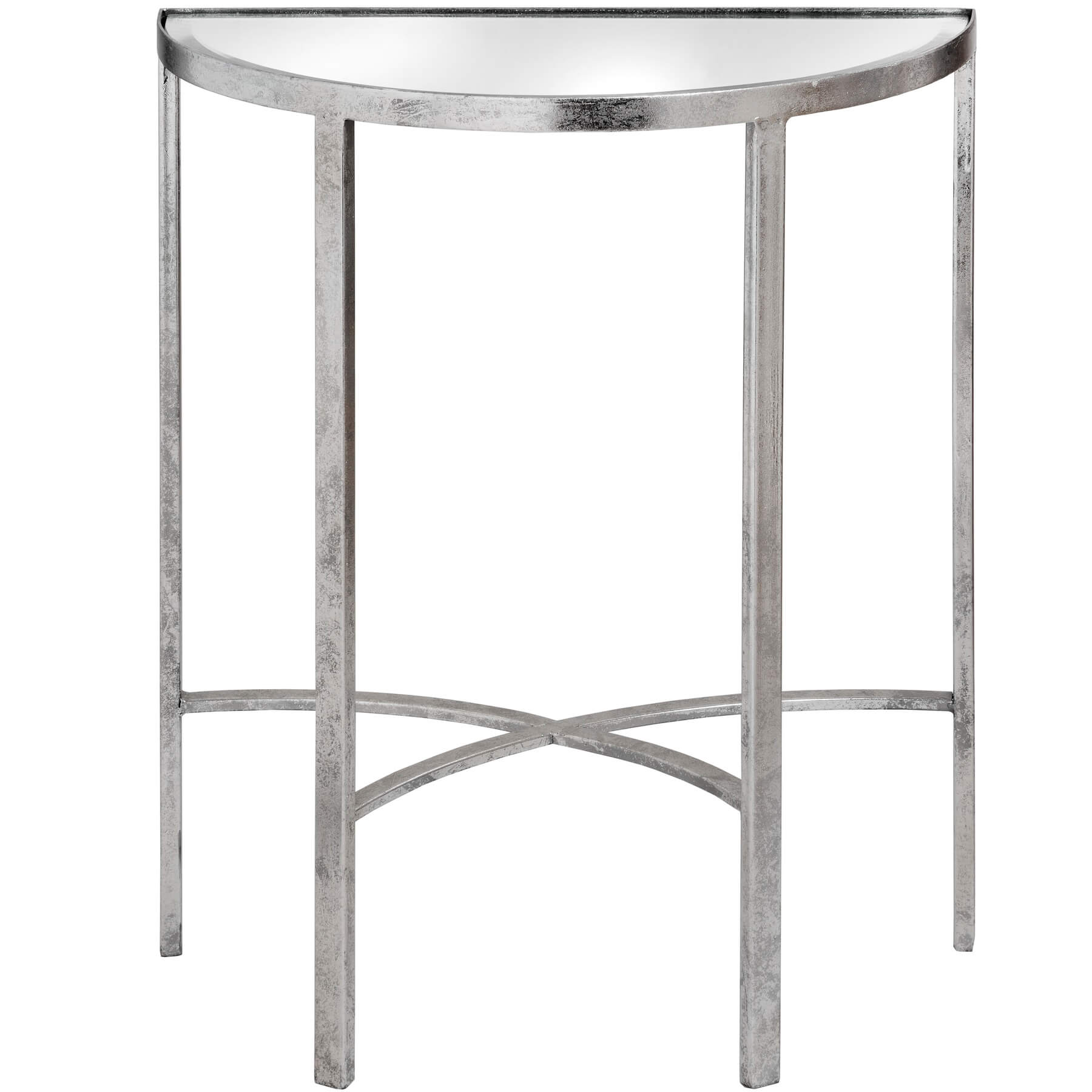 Silver mirrored console table with floating cross beams, modern half-moon design for entryways by RoomLondon at brixbailey.com