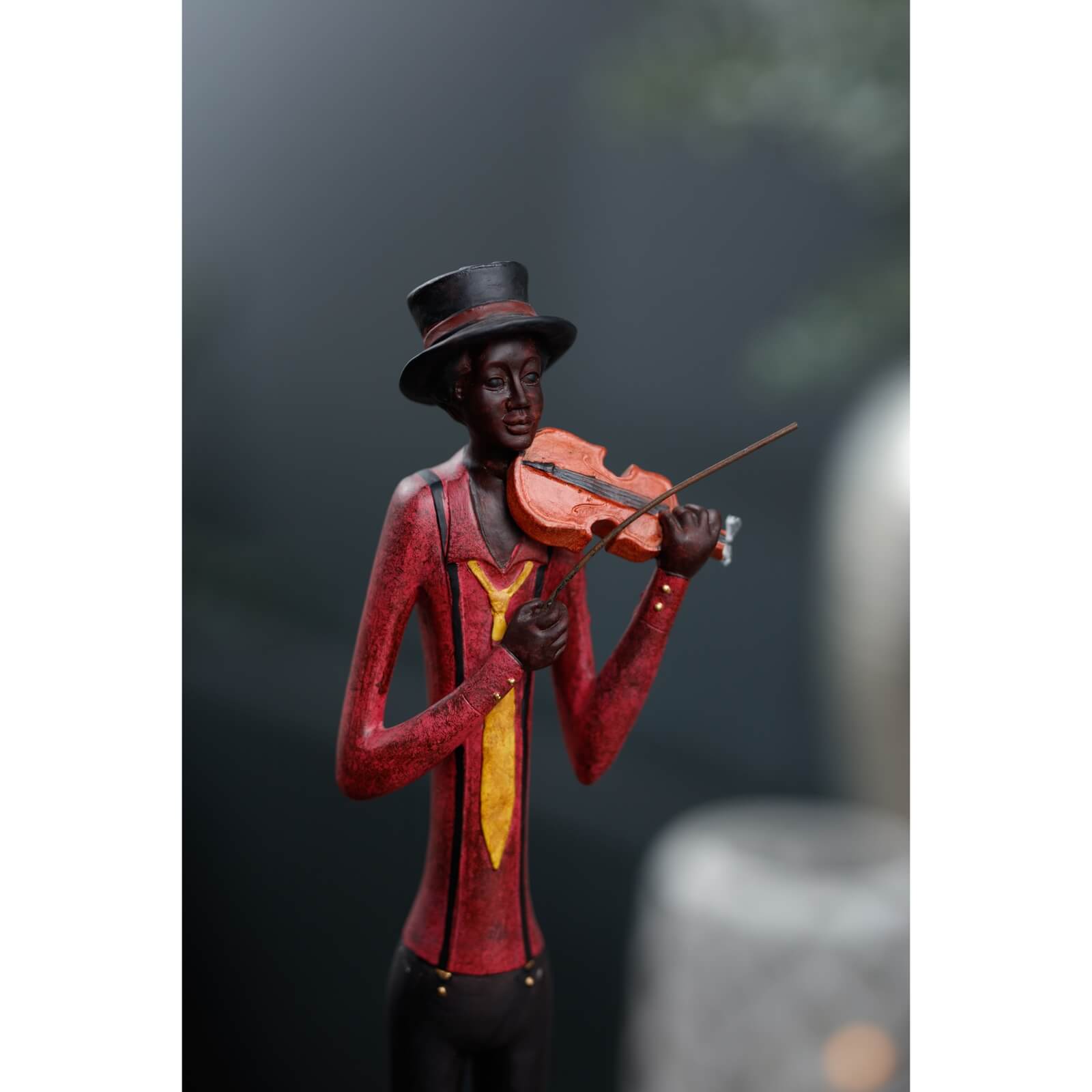 Handcrafted wooden violinist sculpture in red jacket, playing violin, 60cm tall, art deco jazz music decor by sostter at brixbailey.com
