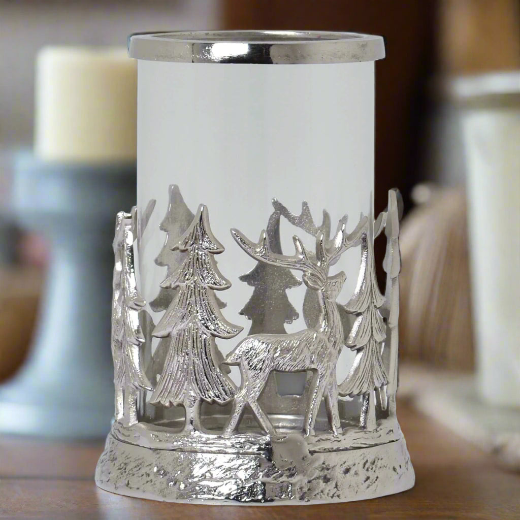 Silver stag hurricane lantern with frosted glass, intricate woodland metalwork in elegant silver finish by sostter at brixbailey.com
