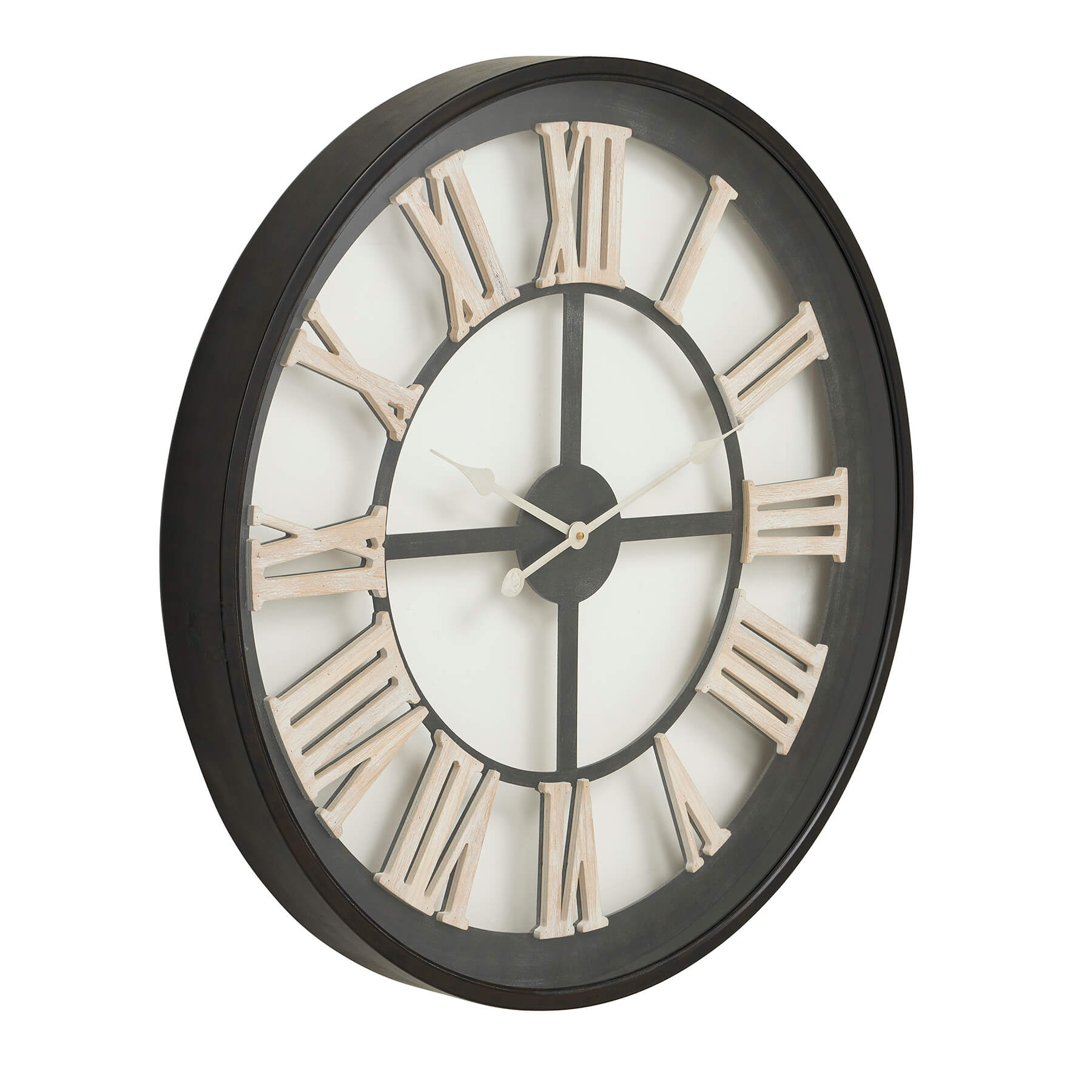 Black and white Roman numeral skeleton wall clock, 80cm open-frame design with glass construction by Sostter at brixbailey.com