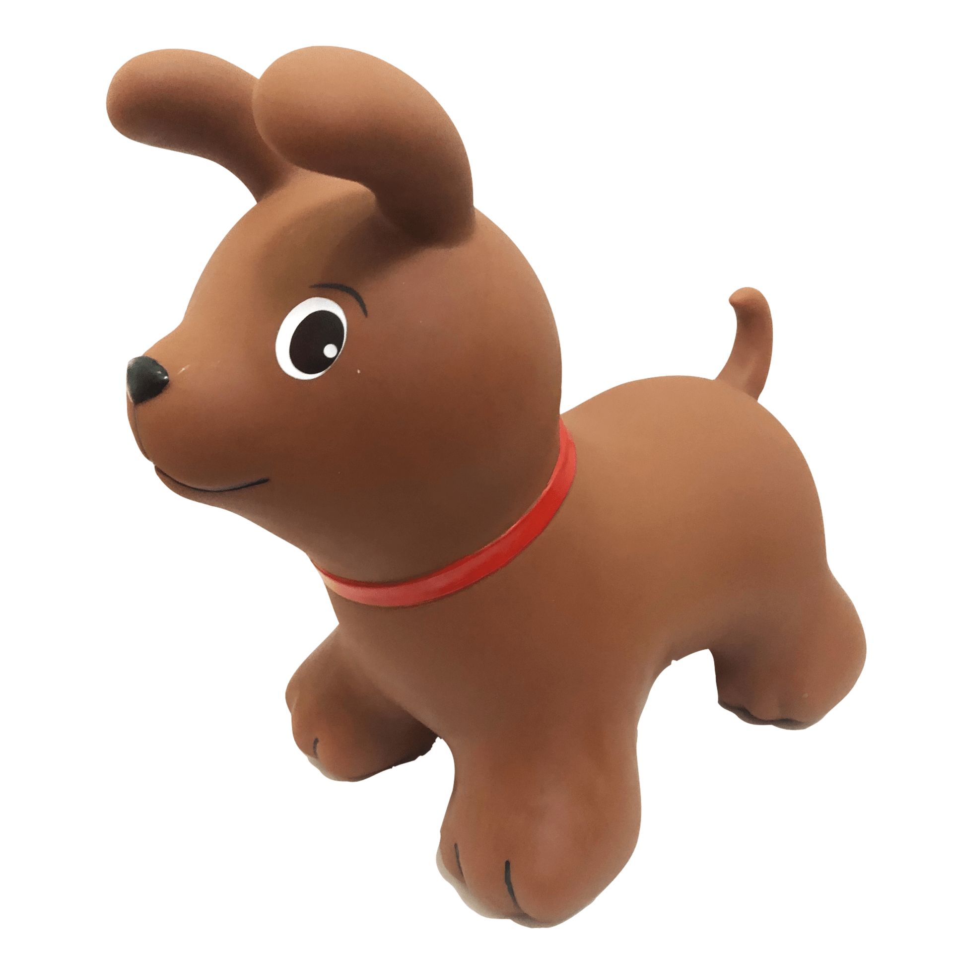 a toddler giggling on a brown dog jumpy toy in a sunny backyard