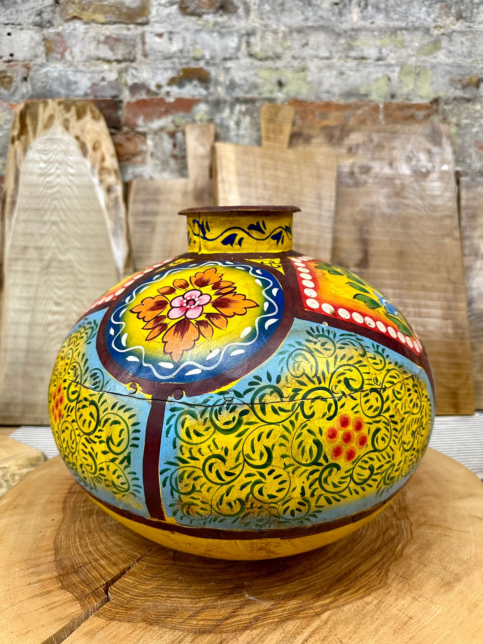 Vintage Painted Indian Water Pot Vase / Riveted Hand Beaten Metal Plant Pot B