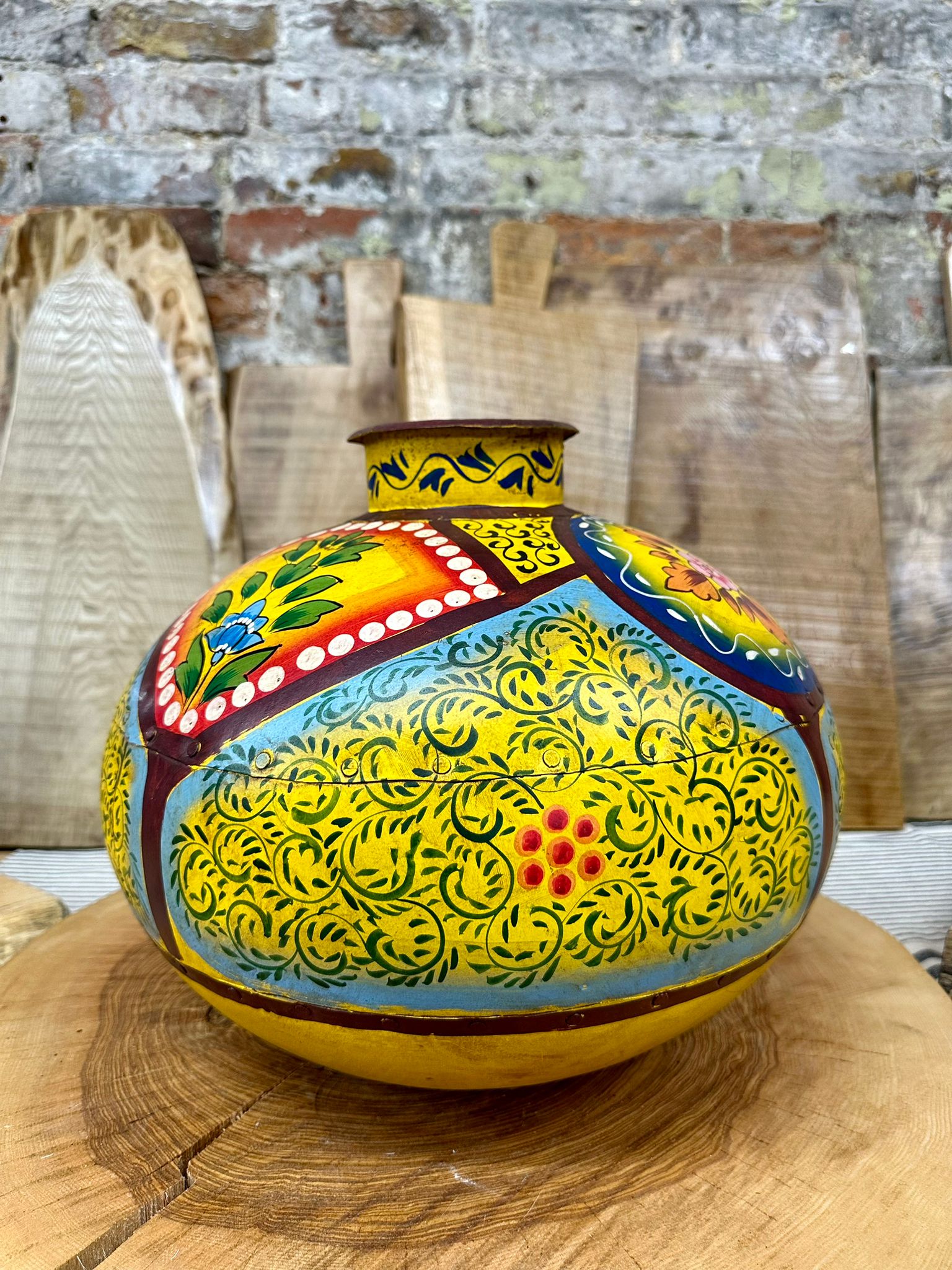 Vintage Painted Indian Water Pot Vase / Riveted Hand Beaten Metal Plant Pot B