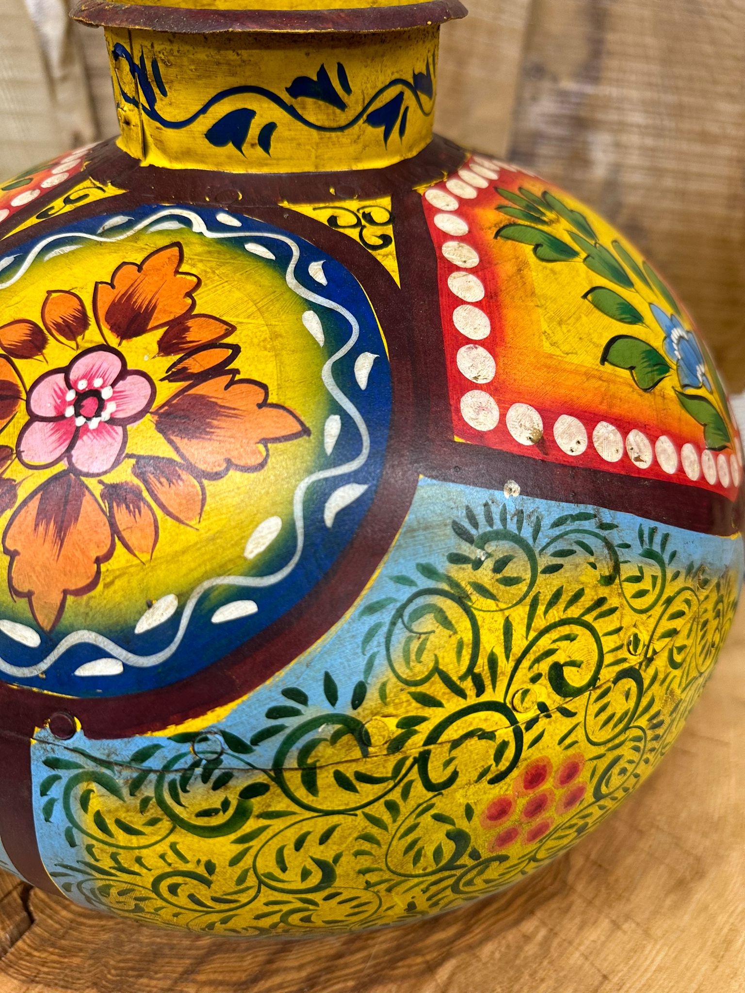 Vintage Painted Indian Water Pot Vase / Riveted Hand Beaten Metal Plant Pot B