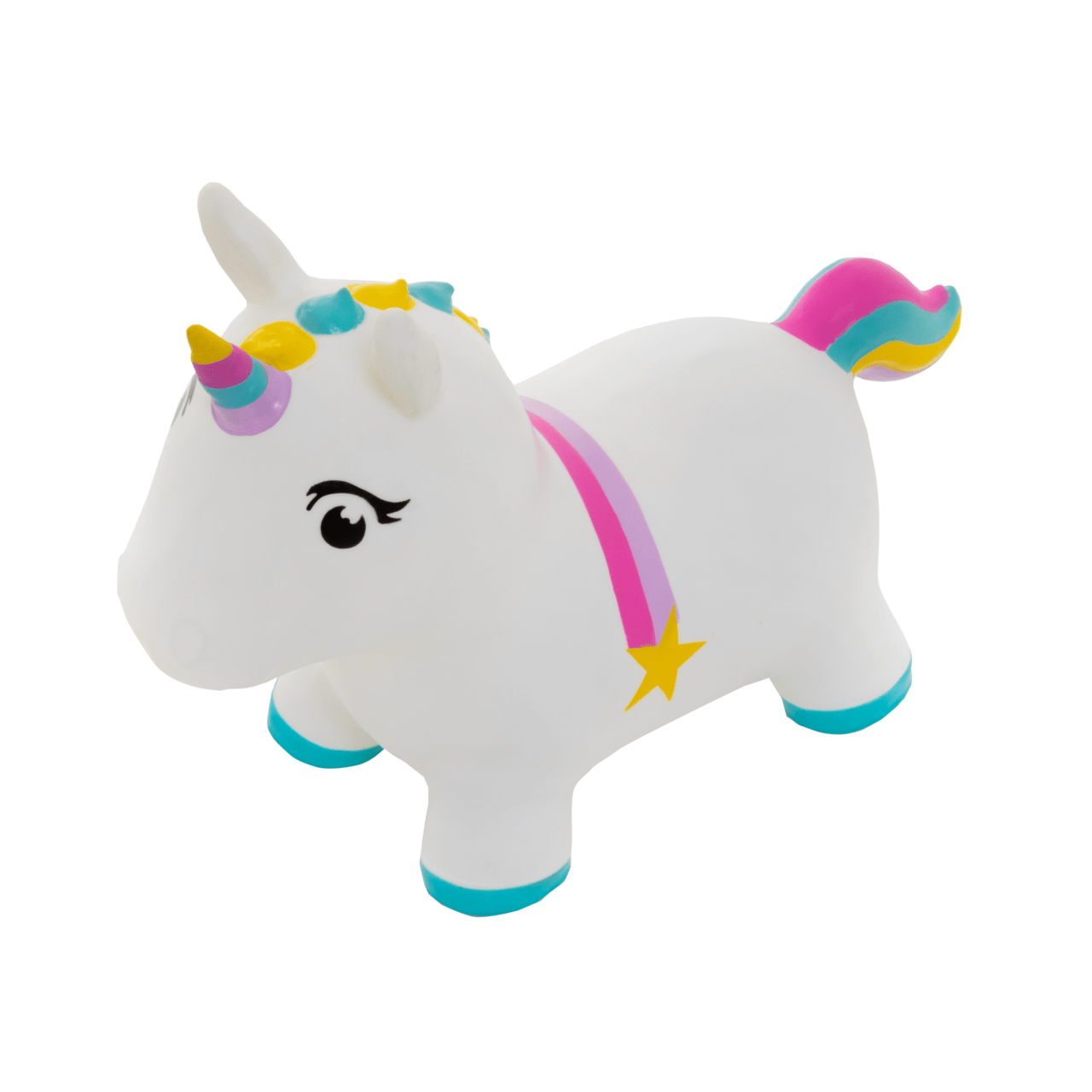 a soft unicorn hopper toy for toddlers on a cozy nursery rug