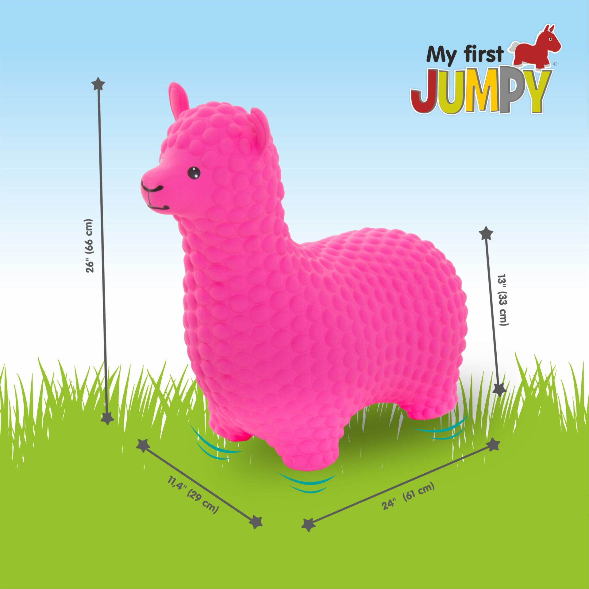 a playful pink alpaca jumpy toy bouncing on a sunny lawn