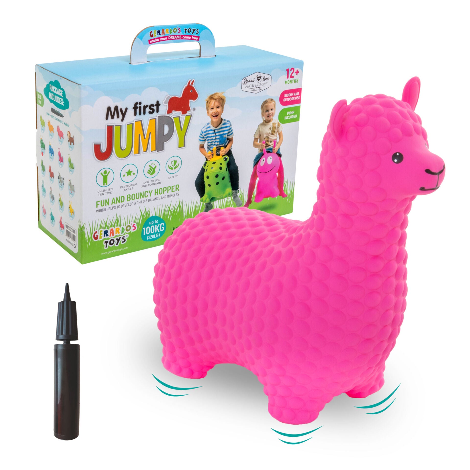pink alpaca jumping toy with hand pump and birth certificate on a clean background