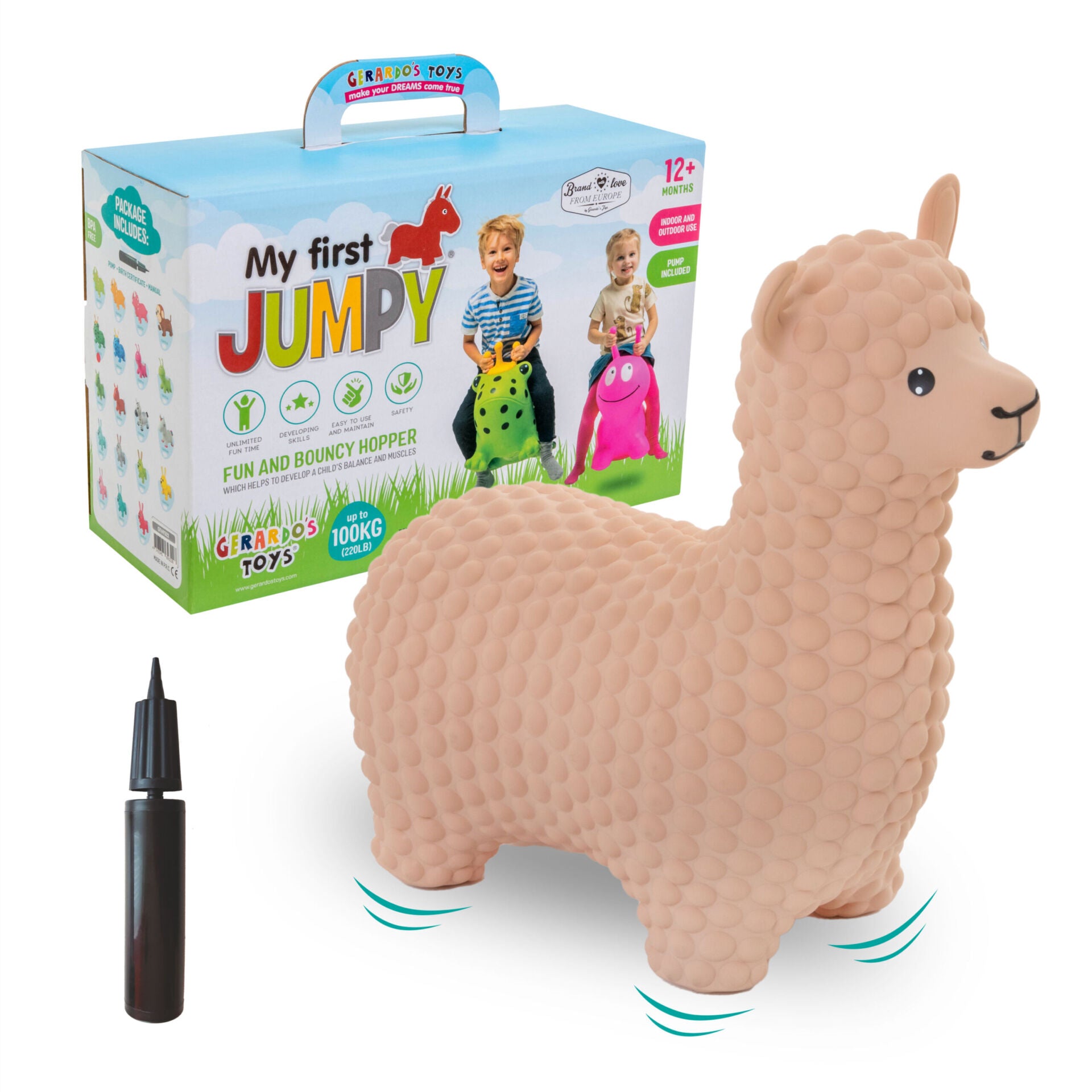 soft beige alpaca jumpy hopper toy sitting in a cozy nursery with warm morning light