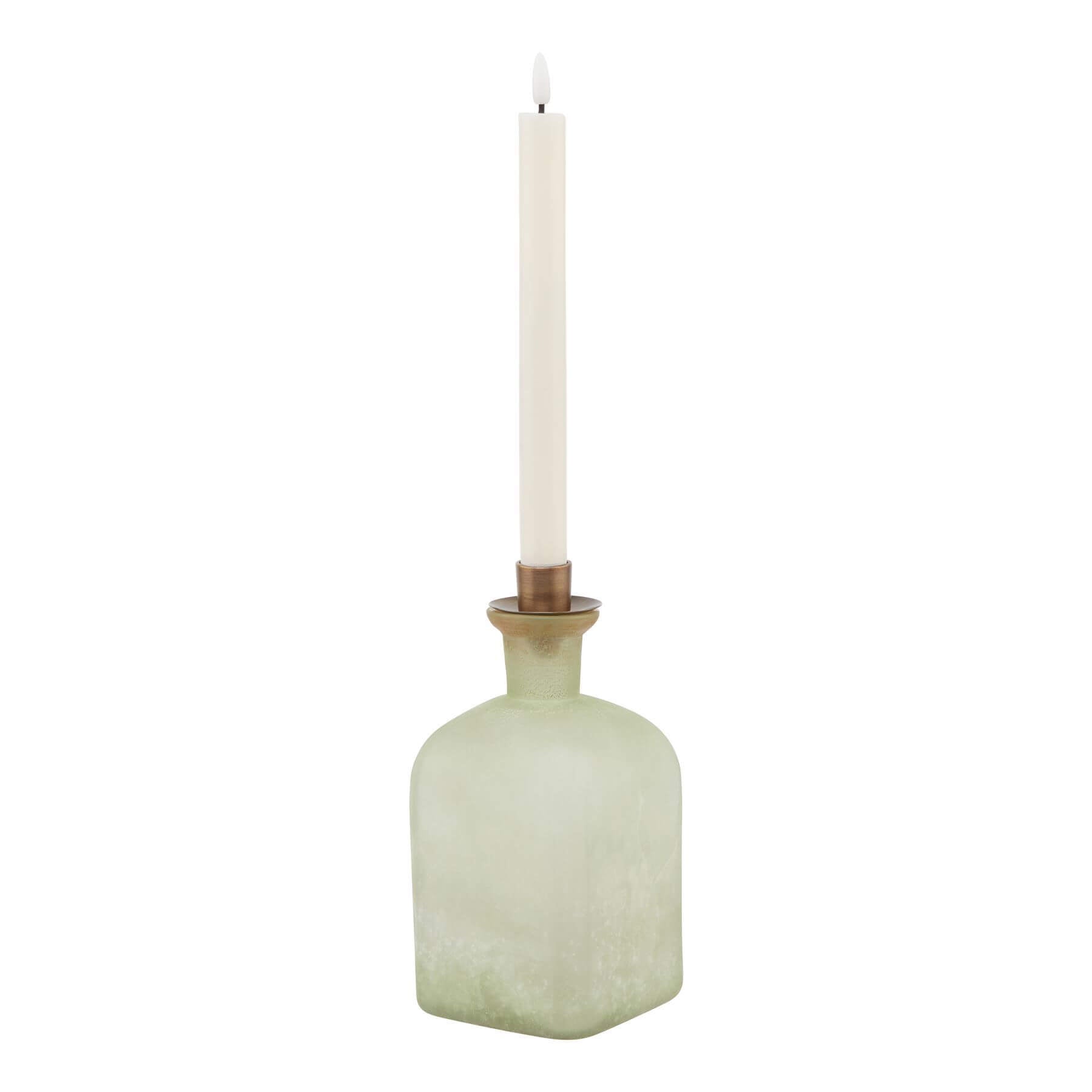 Smoked sage glass candle holder vase with aged brass detailing, elegant home decor centerpiece by Sostter at brixbailey.com