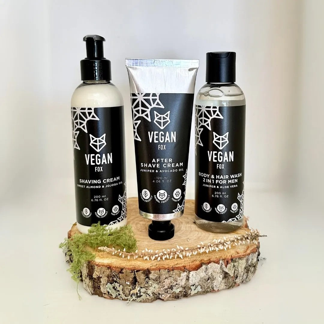 soft-lit men's grooming set with shaving cream and after shave on a cozy wooden surface