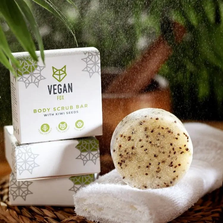 bold kiwi seed body scrub bar on dark slate, fresh lemongrass scent, vegan fox latvia