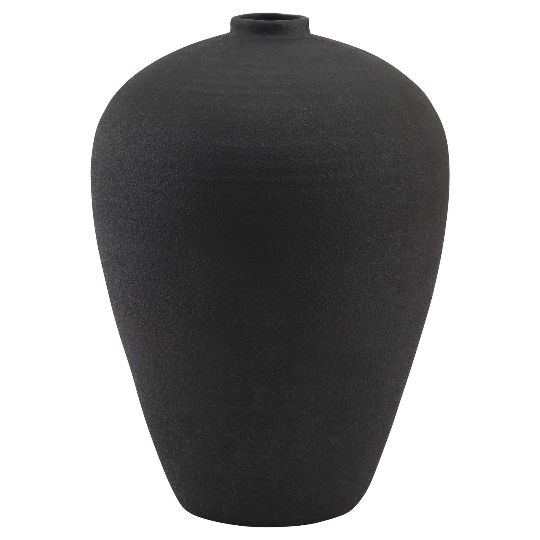 Minimalist matt black ceramic floor vase, 57cm tall, with slim neck for effortless styling, pairs with grey pampas grass.by sostter at brixbailey.com