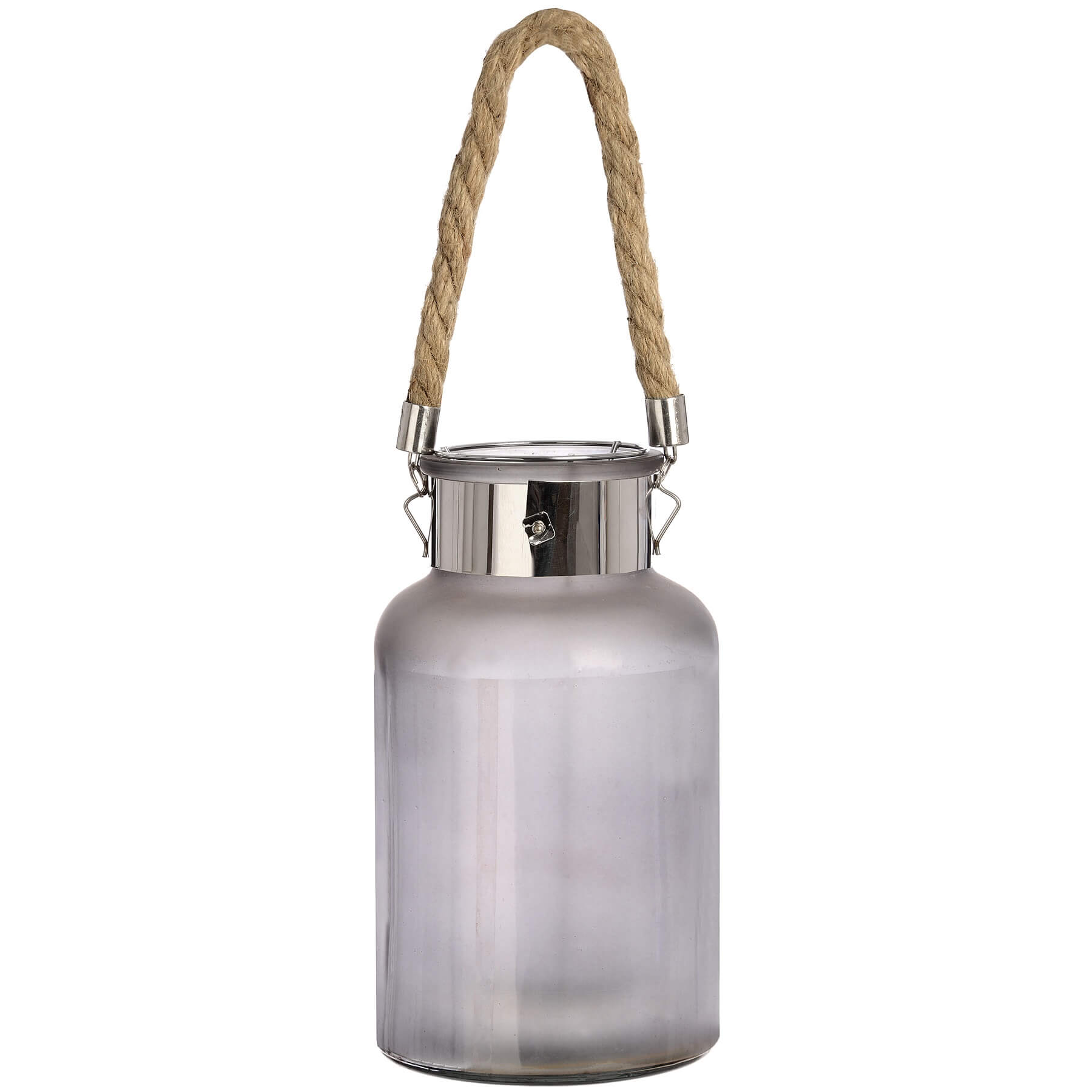 Frosted grey glass lantern with rope handle and warm LED glow, creating a starlight effect for indoor or outdoor decor. by Sostter at brixbailey.com