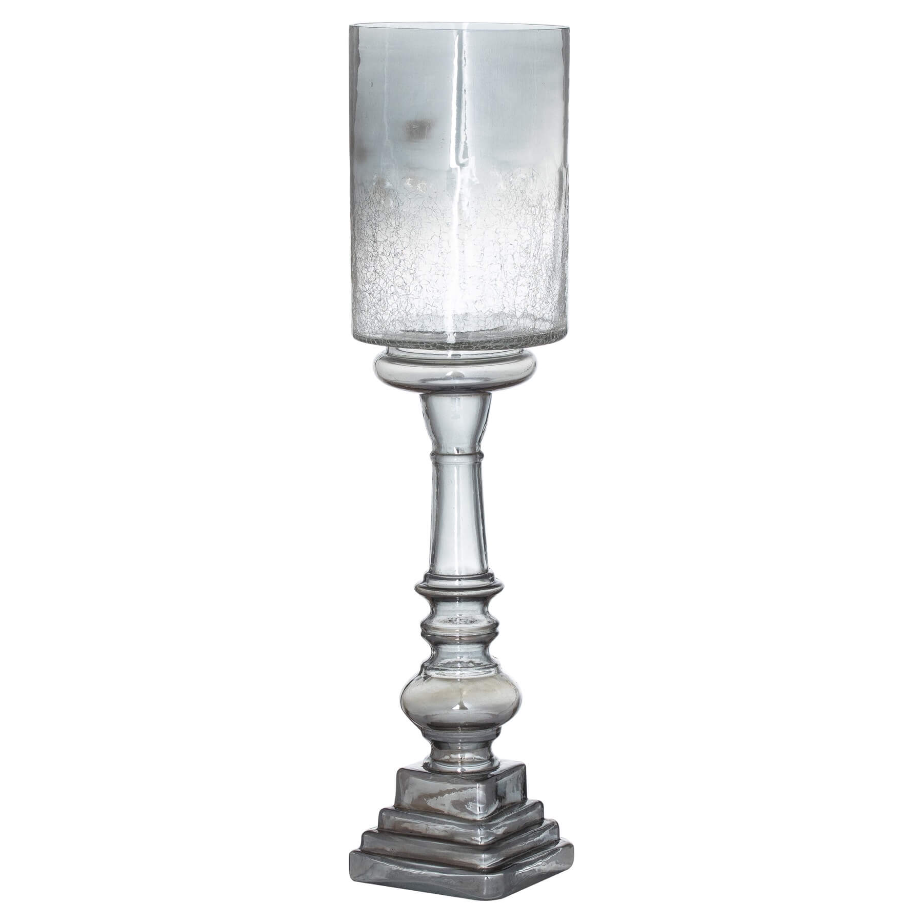 Tall silver smoked glass candle holder, 60cm height, modern elegant centerpiece with warm atmospheric glow by Sostter at brixbailey.com