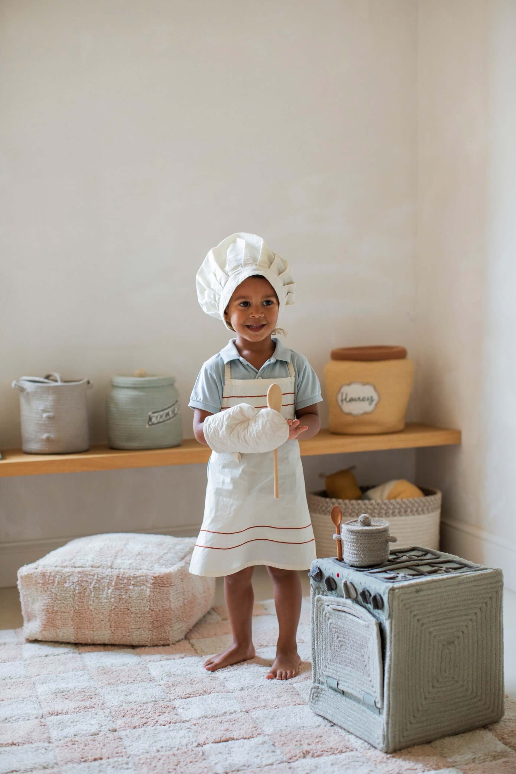 Handmade Montessori Play Kitchen & Storage Basket in Sage Blue - Eco-Friendly & Interactive by Lorena Canals at www.brixbailey.com