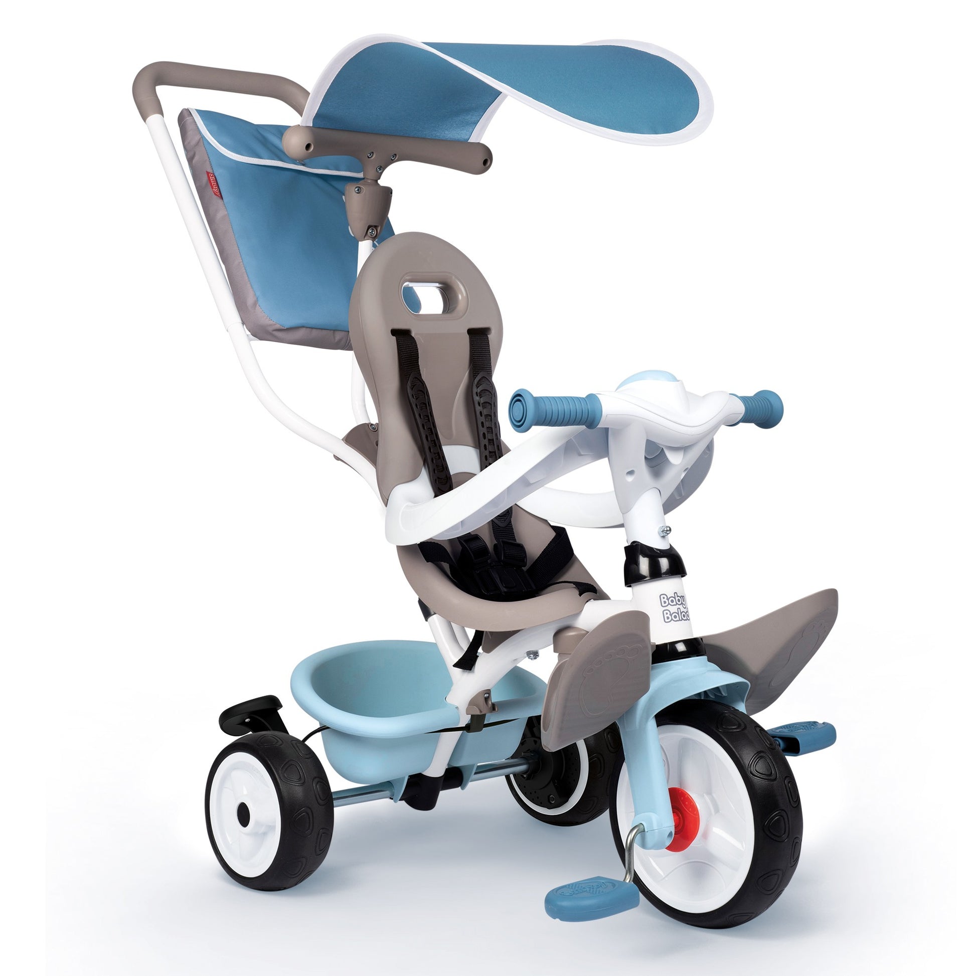 blue baby balade plus tricycle with sun visor and storage bag in a sunny park setting