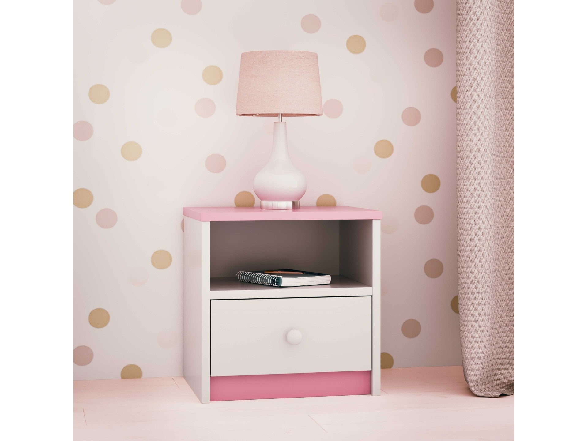 babydreams bedside table with open shelf and drawer in a soft morning light